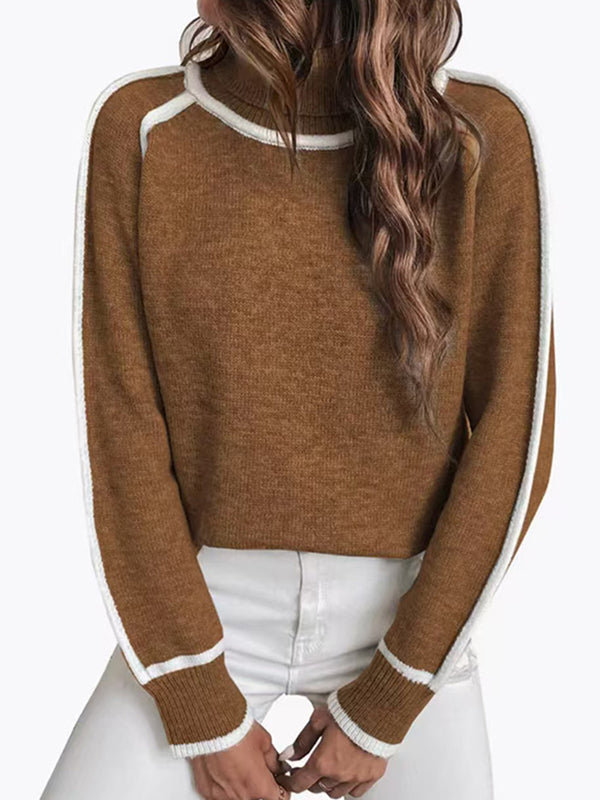 Long Sleeves Loose Contrast Color Split-Joint High Neck Sweater Tops
