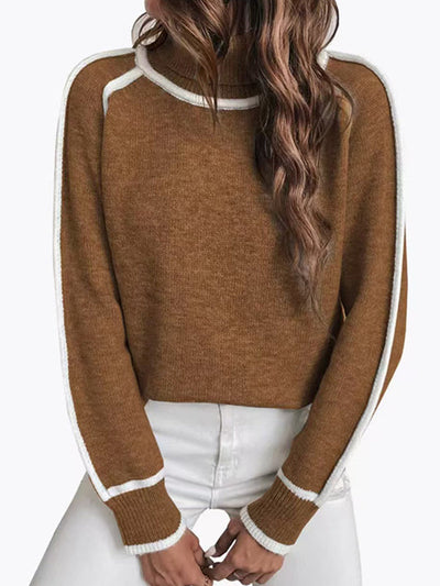 Long Sleeves Loose Contrast Color Split-Joint High Neck Sweater Tops