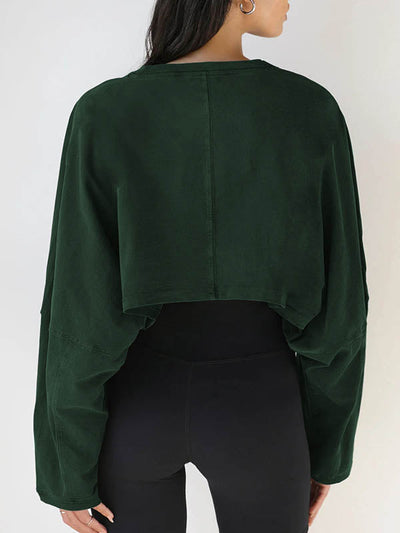 Long Sleeves Loose Solid Color Split-Joint Round-Neck Sweatshirt Tops