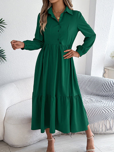 High Waisted Long Sleeves Pleated Ruffled Solid Color Lapel Midi Dresses Shirt Dress