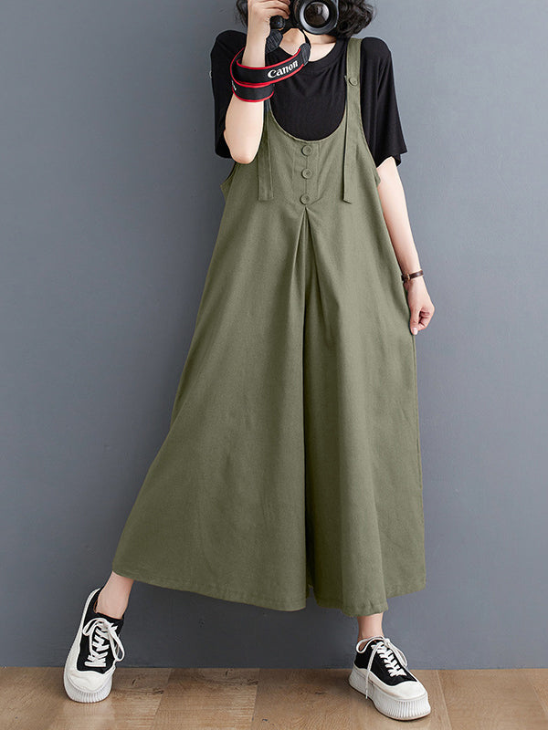 Ninth Pants Wide Leg Buttoned Solid Color Spaghetti-Neck Overalls