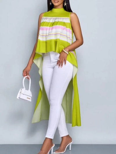 High-Low Loose Contrast Color Pleated Mock Neck Blouses&Shirts Tops