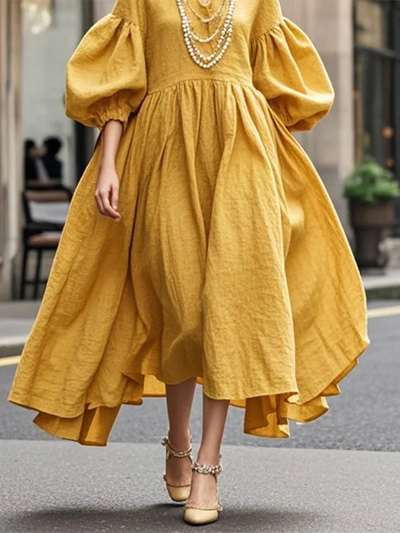 Loose Puff Sleeves Solid Color Round-neck Maxi Dresses