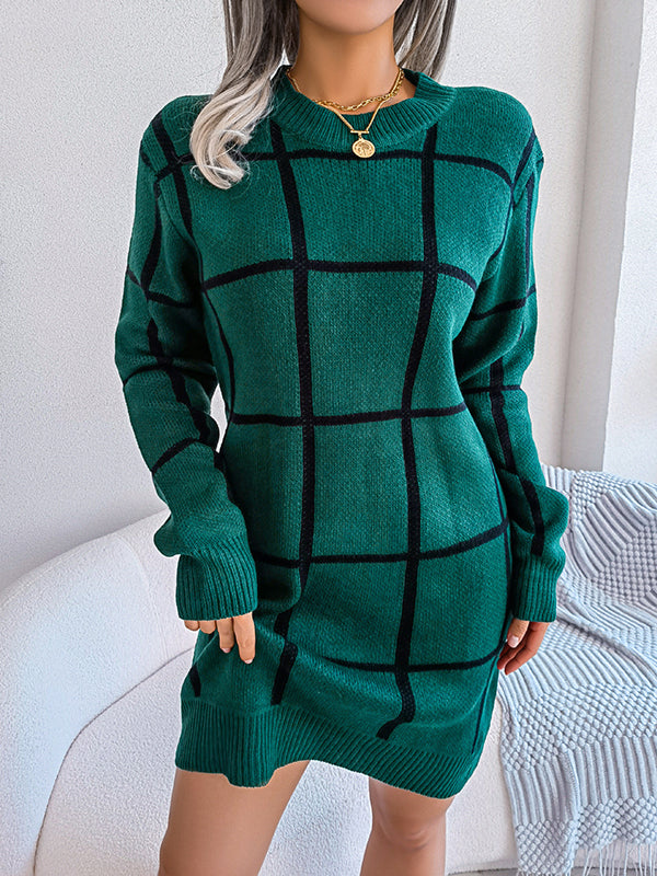 Elasticated Waist Long Sleeves Belted Contrast Color Plaid Round-Neck Mini Dresses Sweater Dresses