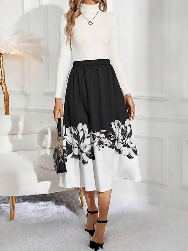 A-Line Loose Elasticity Flower Print Skirts Bottoms