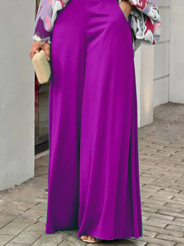 Original Contrast Color Blouse&Solid Wide Legs Pants 2 Pieces Set