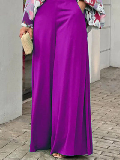 Original Contrast Color Blouse&Solid Wide Legs Pants 2 Pieces Set