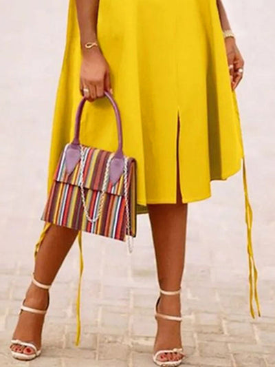 A-Line Sleeveless Solid Color Split-Joint Split-Side Streamer V-Neck Midi Dresses