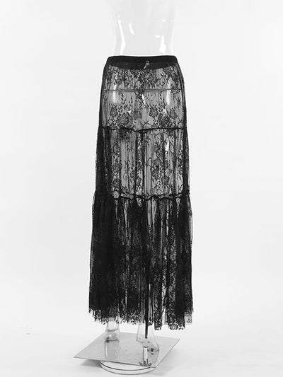 A-Line High Waisted Elasticity Hollow Jacquard Mesh See-Through Split-Joint Skirts Bottoms