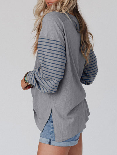 Long Sleeves Loose Contrast Color Split-Joint Striped Round-Neck Blouses&Shirts Tops