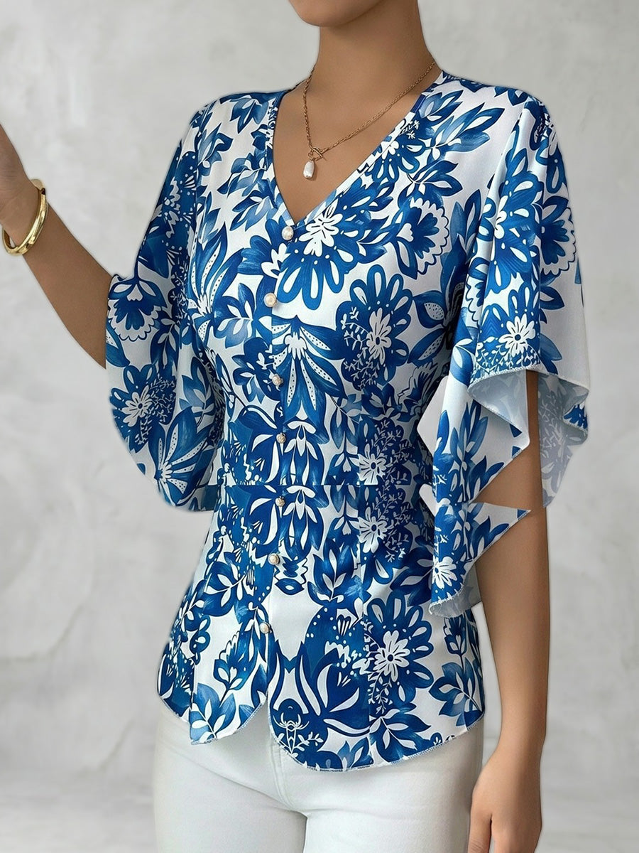 Flared Sleeves Half Sleeves Buttoned Contrast Color Flower Print Pleated V-Neck Blouses&Shirts Tops