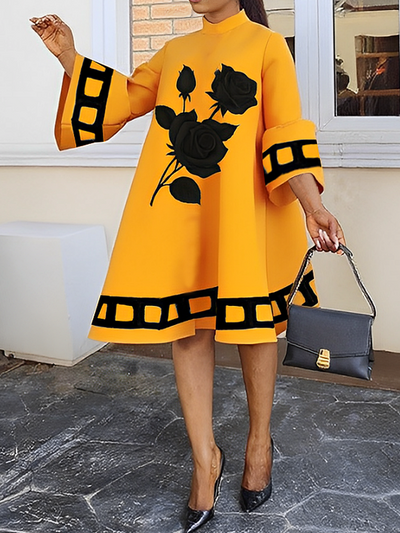 A-Line Flared Sleeves Flower Print Split-Joint Mock Neck Midi Dresses