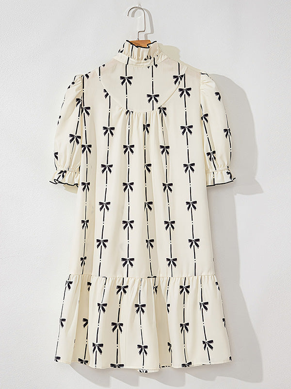 A-Line Loose Bowknot Contrast Color Printed Split-Joint Stand Collar Midi Dresses