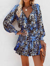 A-Line Long Sleeves Contrast Color Leopard Pleated Split-Joint Tied V-Neck Mini Dresses