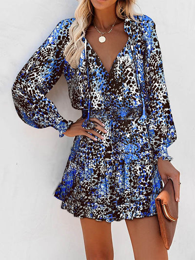 A-Line Long Sleeves Contrast Color Leopard Pleated Split-Joint Tied V-Neck Mini Dresses
