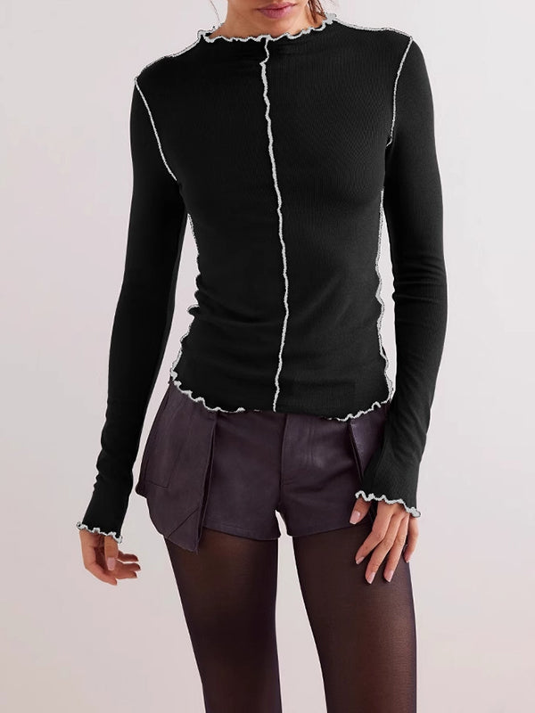 Long Sleeves Skinny Solid Color Round-Neck T-Shirts