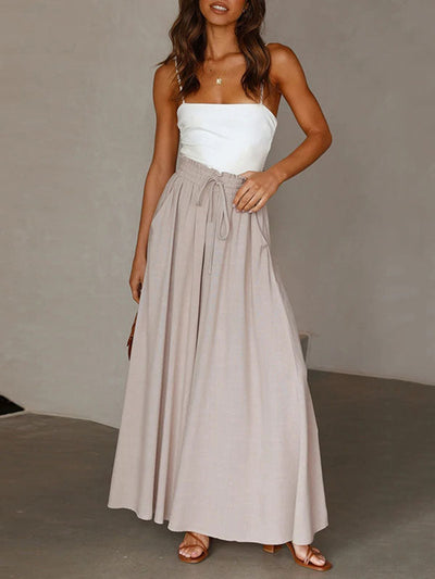 High Waisted Loose Drawstring Elasticity Pockets Solid Color Pants Trousers