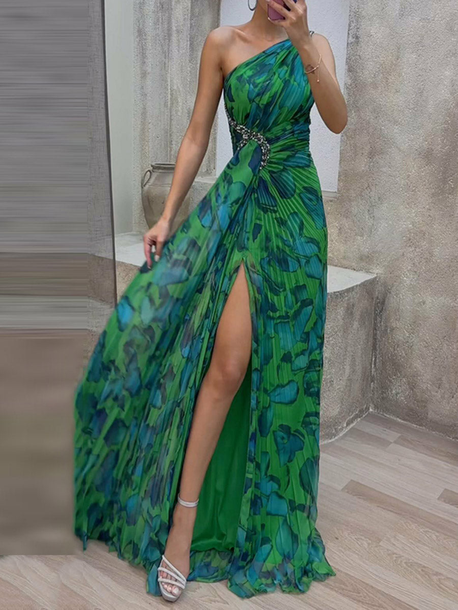 Sleeveless Leopard Pleated Split-Side One-Shoulder Evening Maxi Dresses
