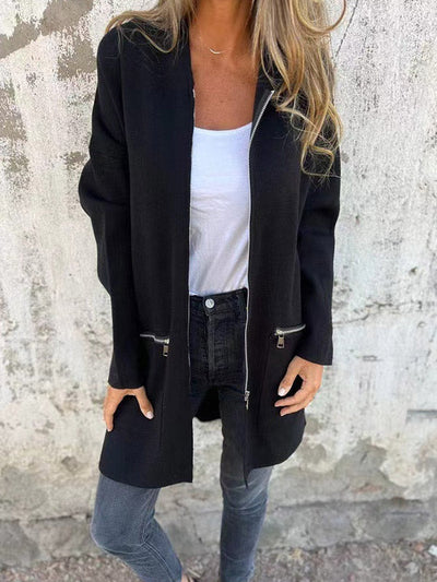 Hooded Long Sleeves Pockets Solid Color Split-Joint Zipper Outerwear