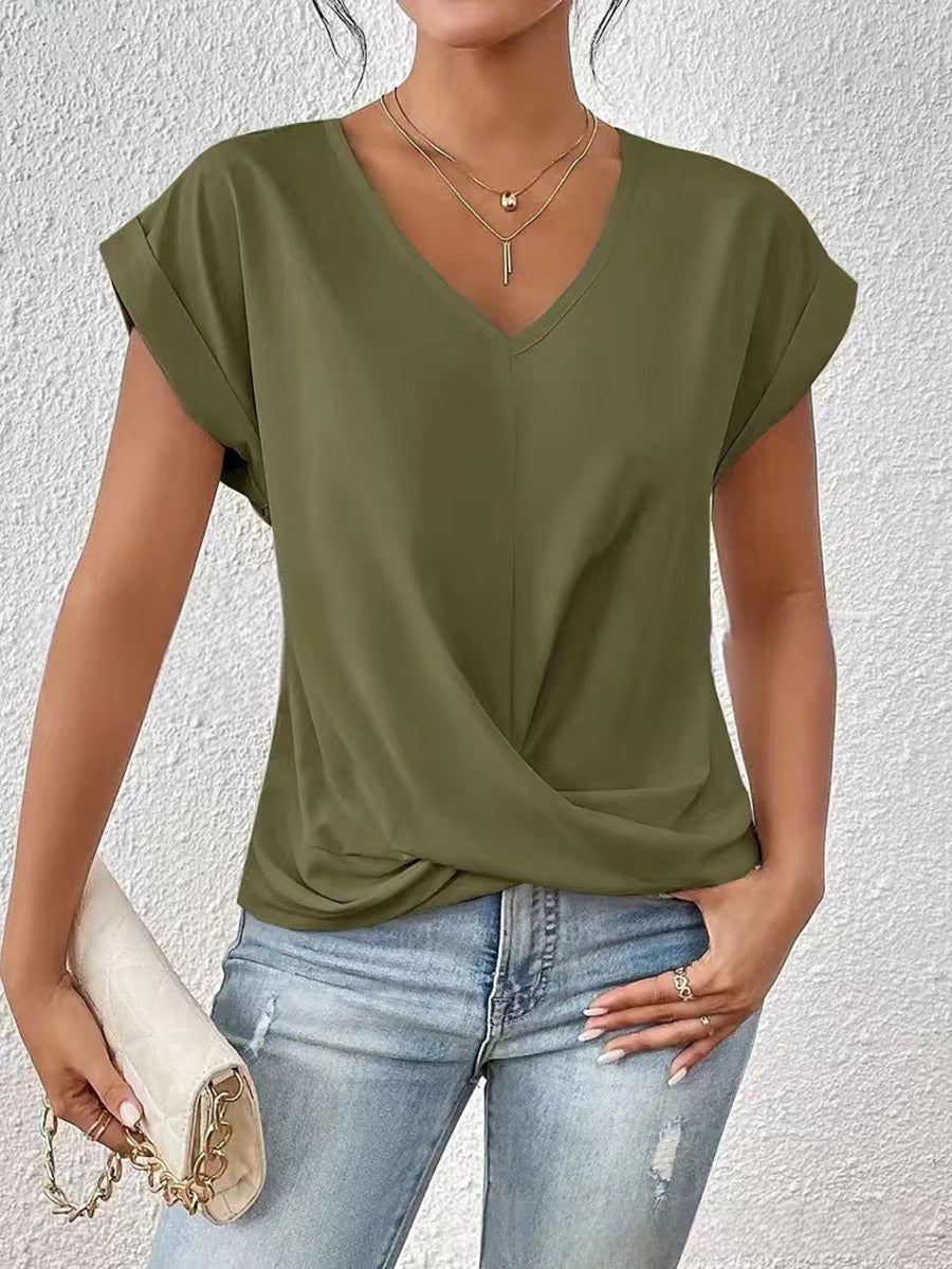 Loose Short Sleeves Pleated Solid Color V-Neck T-Shirts Tops