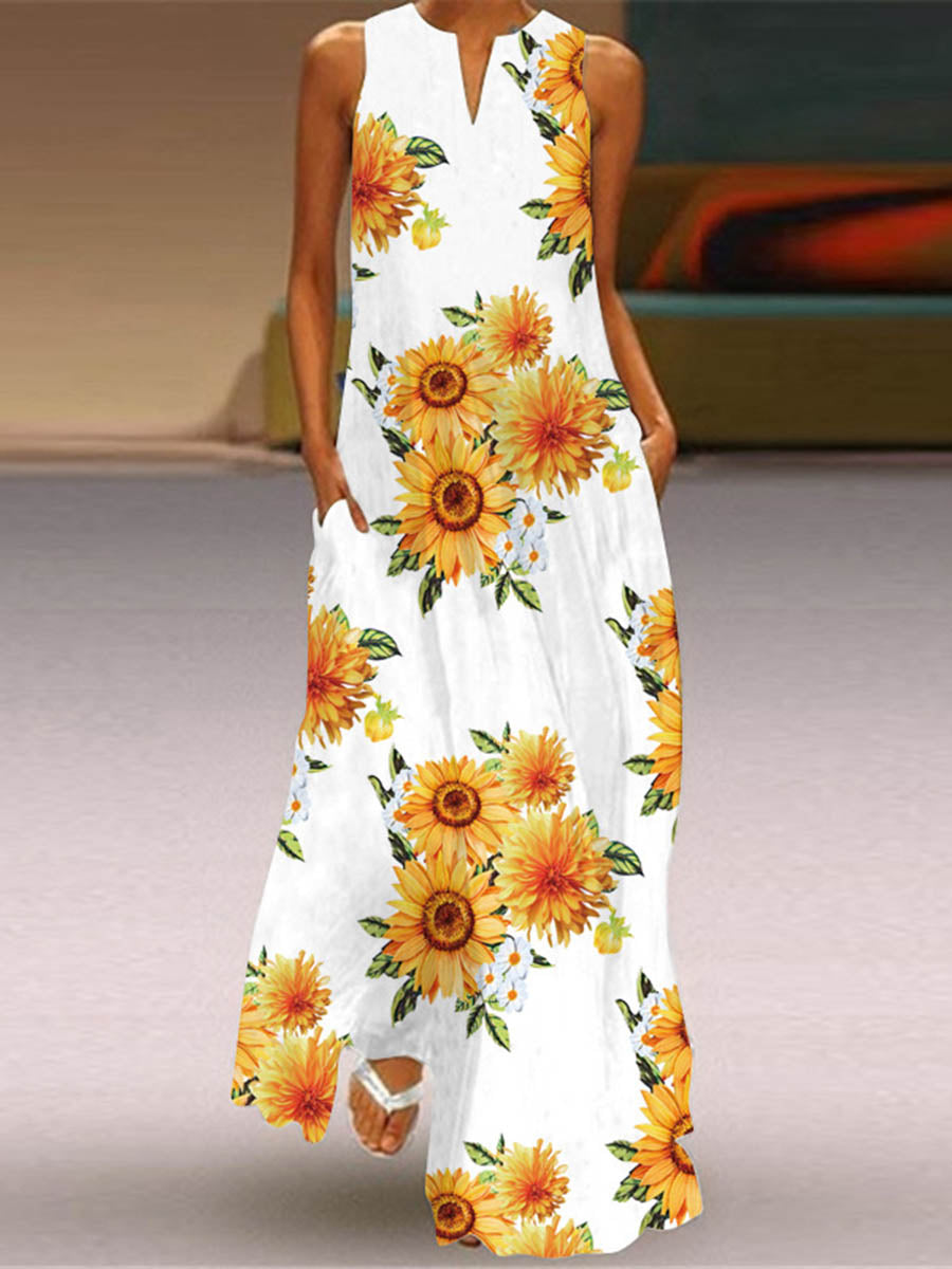 A-Line Loose Contrast Color Pockets Printed Split-Joint V-Neck Maxi Dresses