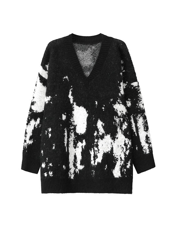Long Sleeves Loose Abstract Printed Contrast Color Ribs Split-Joint V-Neck Sweater Tops