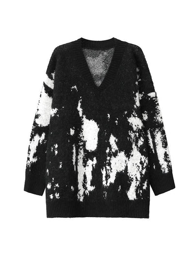 Long Sleeves Loose Abstract Printed Contrast Color Ribs Split-Joint V-Neck Sweater Tops