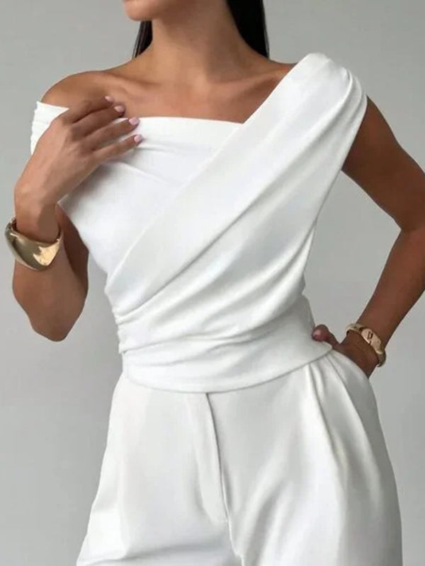 Short Sleeves Skinny Asymmetric Pleated Solid Color Split-Joint Asymmetric Neckline T-Shirts Tops