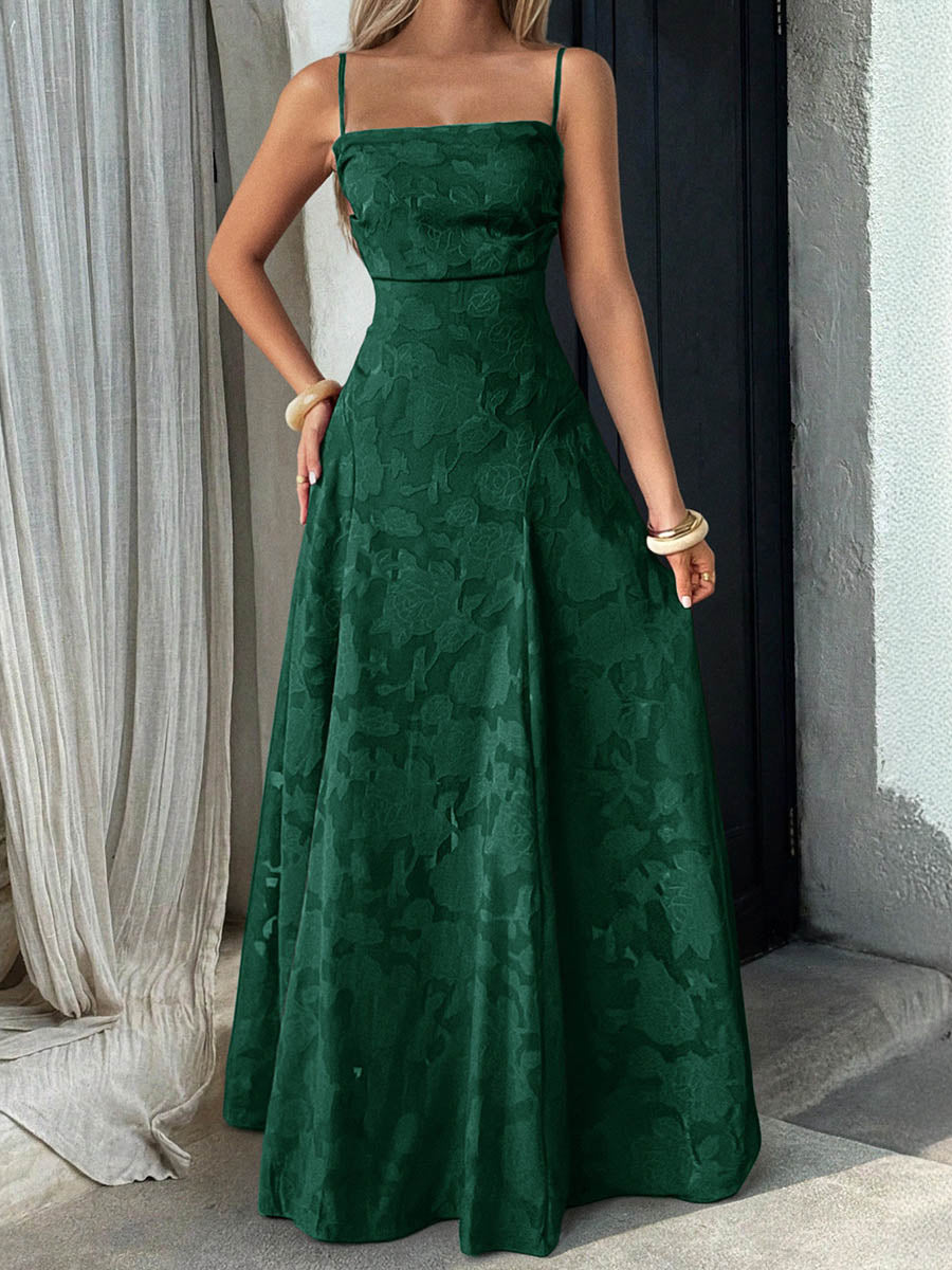 A-Line High Waisted Jacquard Pleated Solid Color Spaghetti-Neck Maxi Dresses