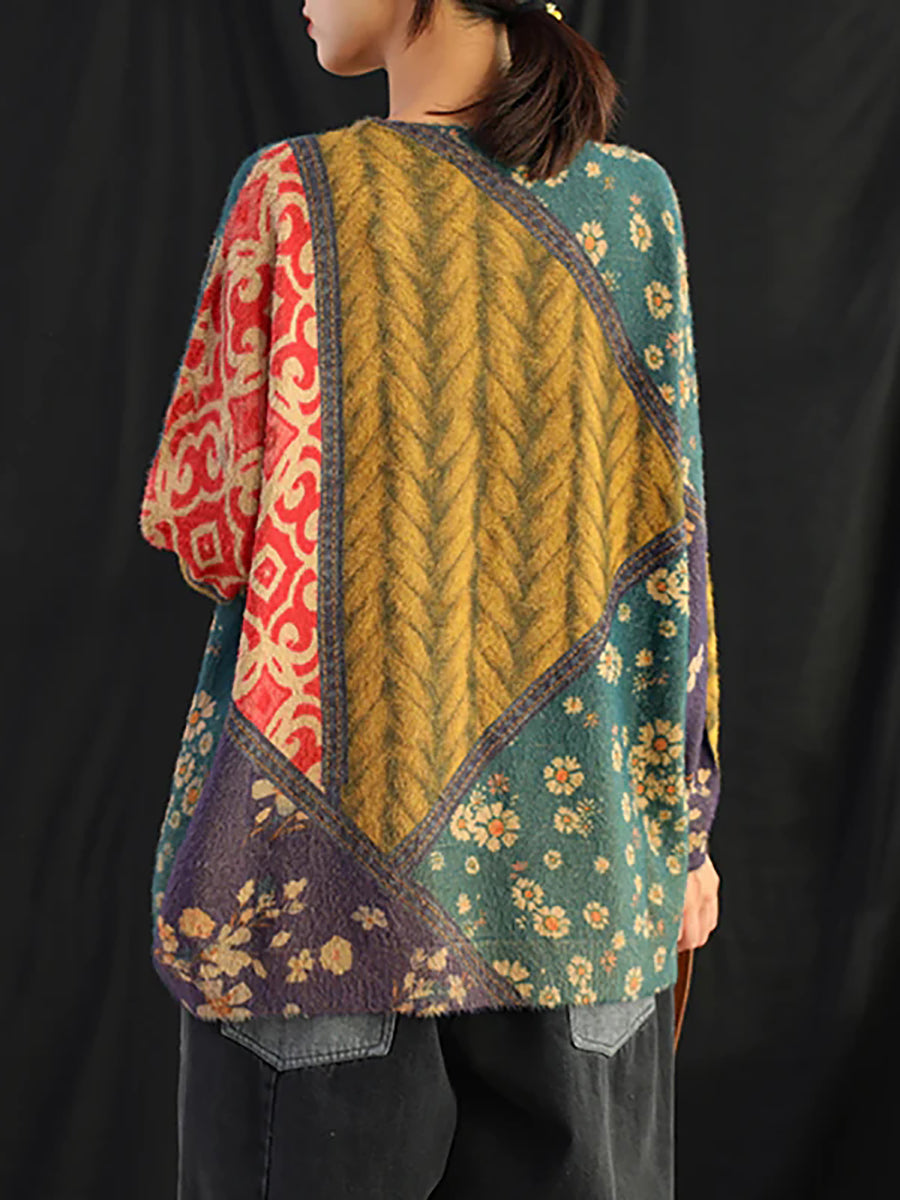 Plus Size Women Autumn Retro Floral Spliced Soft Sweater