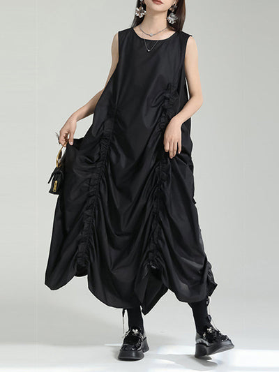 Loose Sleeveless Asymmetric Elasticity Pleated Solid Color Round-Neck Midi Dresses