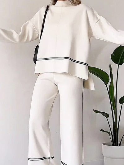 High-Low Contrast Color Split-Side Round-Neck Sweater Top + High Waisted Pants Bottom Two Pieces Set