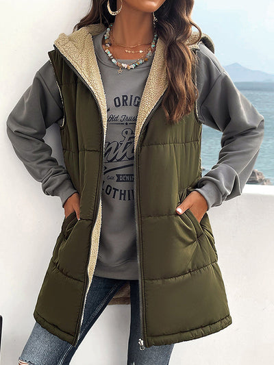 Loose Sleeveless Pockets Quilted Reversible Zipper Hooded Padded Vest Vest Outerwear