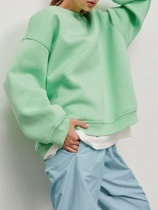 Long Sleeves Loose Solid Color Round-Neck Sweatshirt Tops