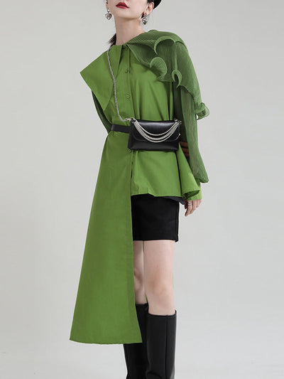 Long Sleeves Loose Asymmetric Pleated Solid Color Split-Joint Falbala Lapel Blouses&Shirts Tops