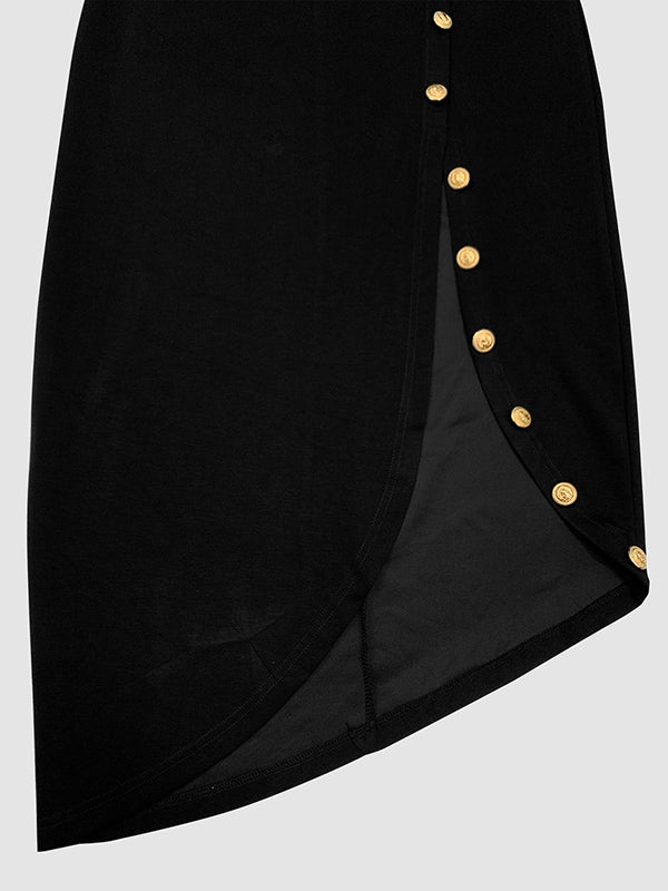 Long Sleeves Loose Asymmetric Buttoned Split-Joint Split-Side Mock Neck Maxi Dresses