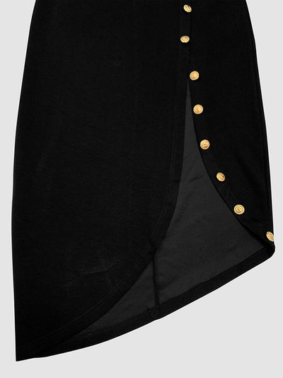 Long Sleeves Loose Asymmetric Buttoned Split-Joint Split-Side Mock Neck Maxi Dresses