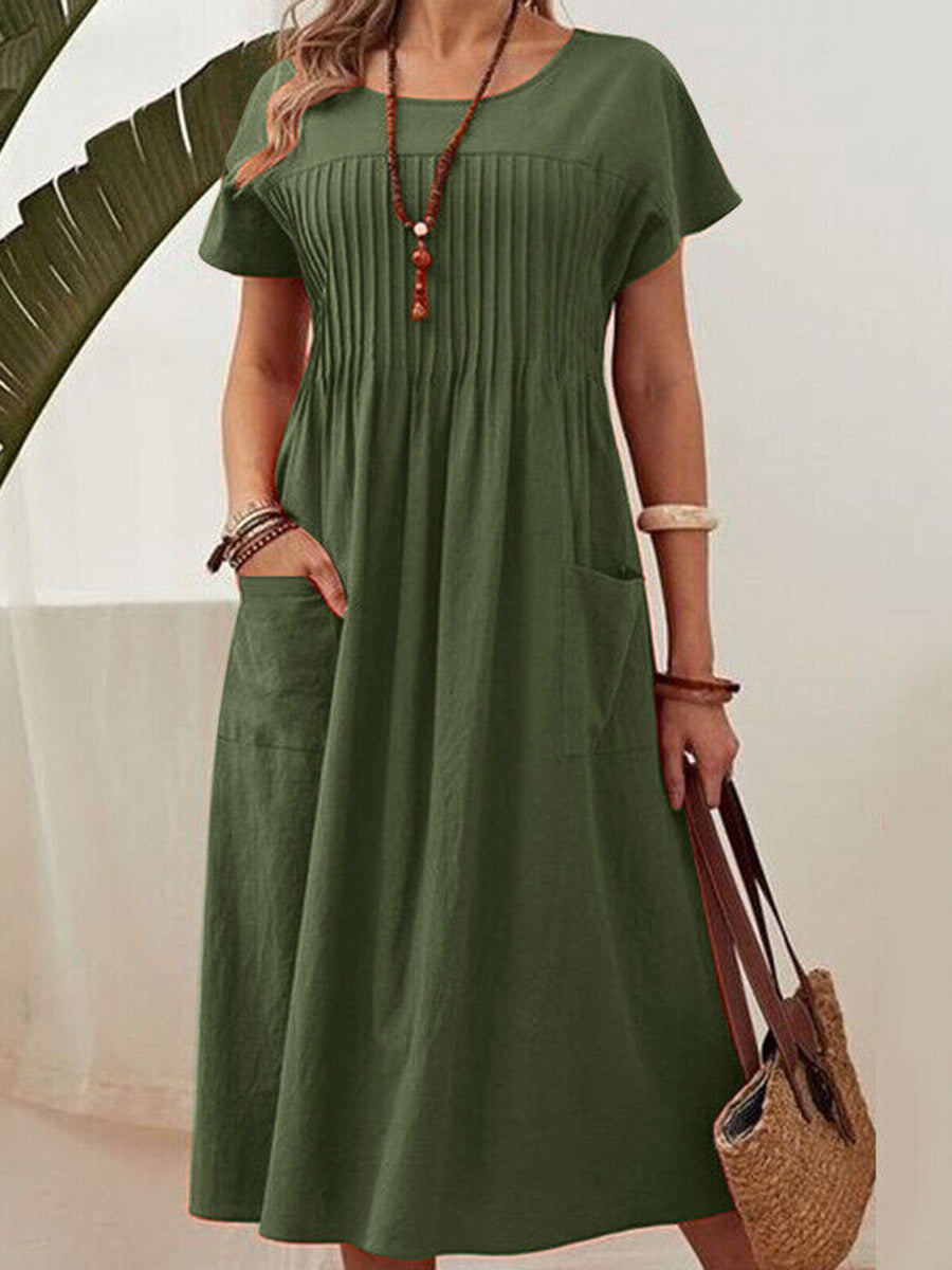 High Waisted Loose Pleated Pockets Solid Color Split-Joint Round-Neck Midi Dresses