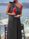 A-Line Loose Asymmetric Pleated Solid Color Tied One-Shoulder Maxi Dresses
