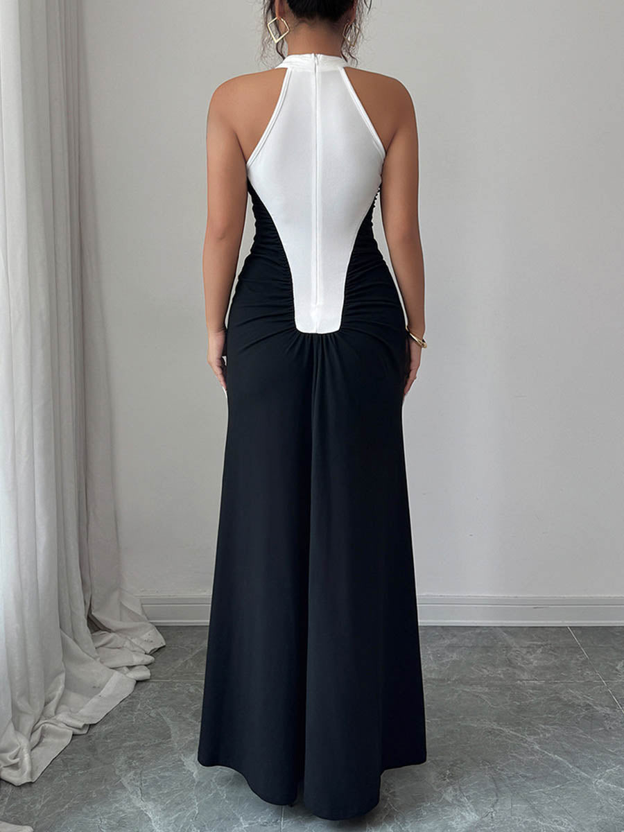 High Waisted Sleeveless Buttoned Contrast Color Pleated Split-Joint Halter-Neck Maxi Dresses