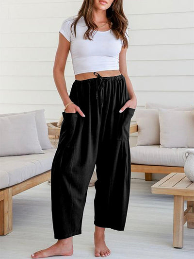 Column Loose Elasticity Pockets Solid Color Casual Pants Bottoms Trousers