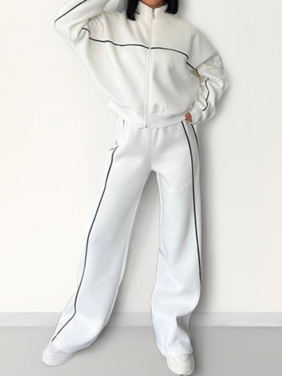 Contrast Color Line Split-Joint Zipper Lapel Outerwear +  Elasticated Waist High Waisted Drawstring  Pants Two Pieces Set