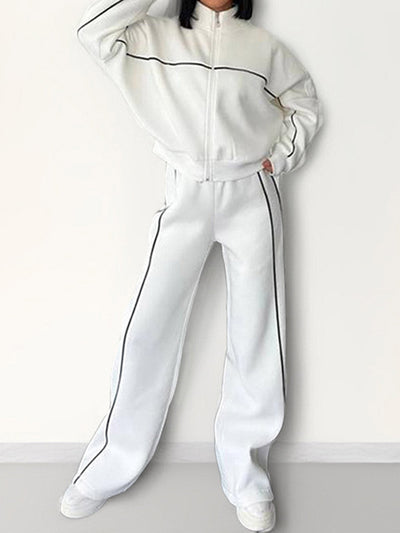 Contrast Color Line Split-Joint Zipper Lapel Outerwear +  Elasticated Waist High Waisted Drawstring  Pants Two Pieces Set