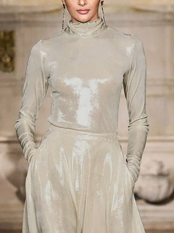 Long Sleeves Shiny Solid Color High Neck T-Shirts Tops