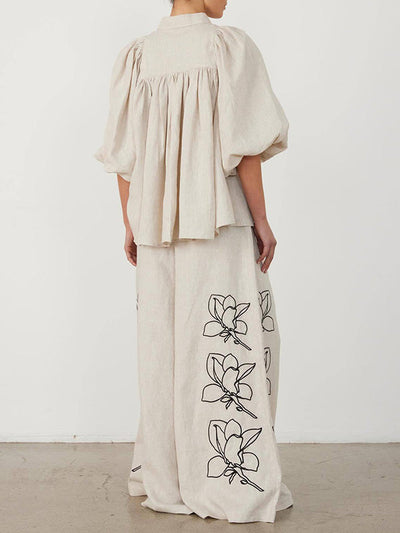 Loose Puff Sleeves Pleated Printed Split-Joint Lapel Blouses&Shirts Tops