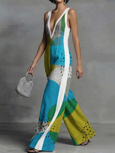 Loose Sleeveless Contrast Color Pockets Polka-Dot Printed Split-Joint Deep V-Neck Jumpsuits