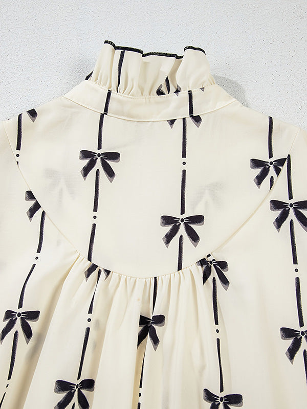 A-Line Loose Bowknot Contrast Color Printed Split-Joint Stand Collar Midi Dresses