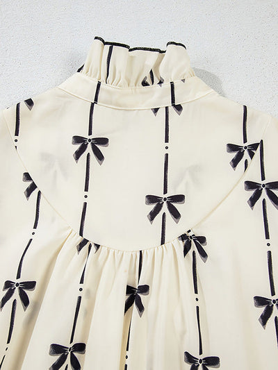 A-Line Loose Bowknot Contrast Color Printed Split-Joint Stand Collar Midi Dresses