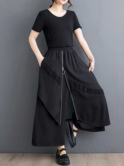 High Waisted Loose Elasticity Pleated Pockets Split-Joint Zipper Culotte Pants
