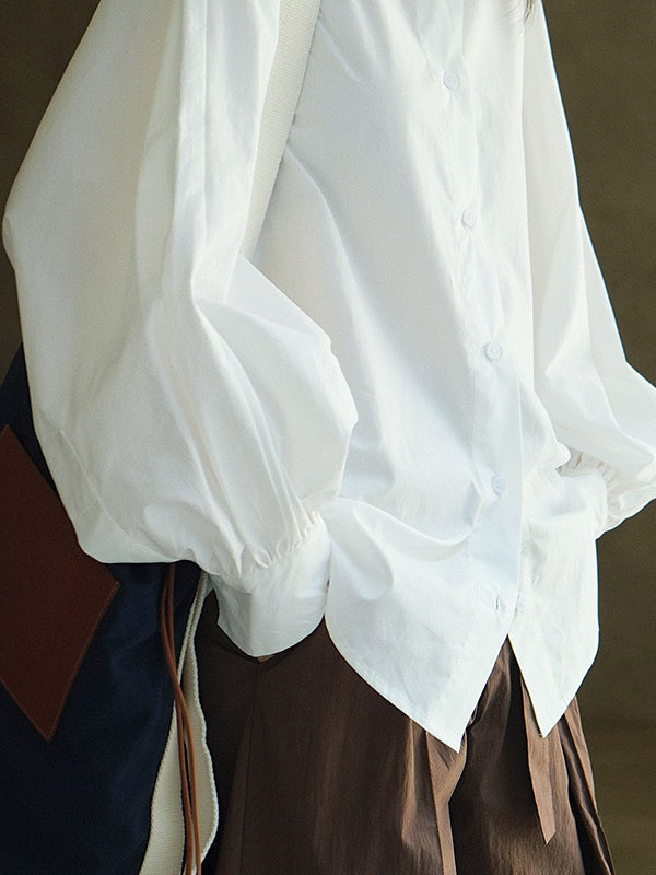 Casual Loose Puff Sleeves Solid Color Lapel Blouses